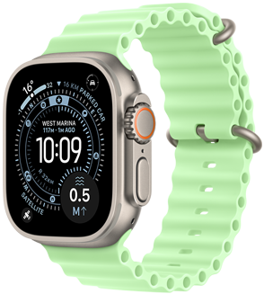 Apple Watch Ultra 3, natural colour, titanium case, Orienteering watch face, complications: weather, parked car location, satellite, and distance to surface, right side exterior, Digital Crown, microphone, side button, Ocean Band, neon green colour