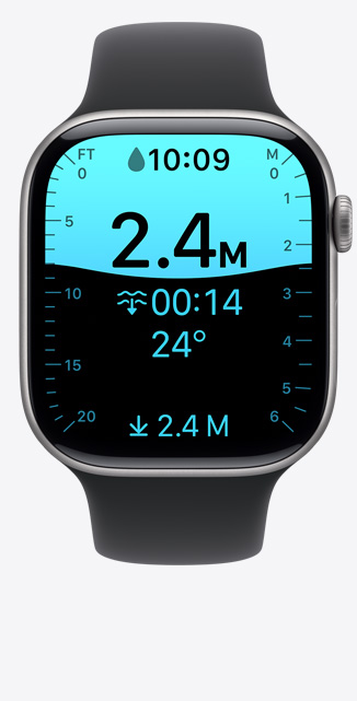 Apple Watch Series 11, aluminium case, space grey colour, Depth app screen, dive at 2.44 metres