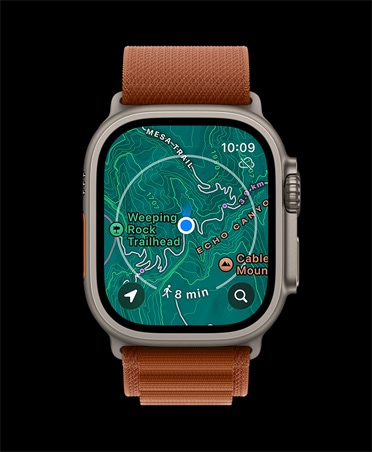 Apple Watch Ultra 3, натурален цвят, титанов корпус, офлайн карта, предстоящи посоки, каишка Alpine Loop в цвят теракота