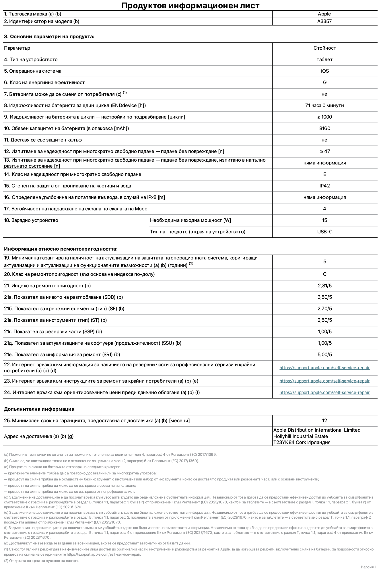 Продуктов информационен лист за 11-инчов iPad Pro M5 Wi-Fi, модел A3357. Доставено от Apple Distribution International Limited, Hollyhill Industrial Estate. Корк, Ирландия, T23 YK84. Тип устройство: таблет. Операционна система: iOS. Клас на енергийна ефективност: G. Батерията може да се сменя от потребителя: не. Издръжливост на батерията за един цикъл: 71 часа. Издръжливост на батерията в цикли – настройки по подразбиране: повече или равно на 1000. Обявен капацитет на батерията: 8160 mAh. Доставя се със защитен калъф: не. Тест за надеждност при многократно свободно падане – падане без повреждане: по-голямо или равно на 47. Изпитване за надеждност при многократно свободно падане – падане без повреждане, тествано в напълно разгънато състояние: не е приложимо. Клас на надеждност при многократно свободно падане: Е. Степен на защита от проникване на частици и вода: IP42. Посочена дълбочина на потапяне във вода, в случай на iPx8: не е приложимо. Устойчивост на надраскване на екрана по скалата на твърдост на Моос: 4. Необходима изходна мощност на зарядното устройство: 15 вата. Тип на гнездото за зарядно устройство (в края на устройството): USB-C. Минимална гарантирана наличност на актуализации за сигурност на операционната система, коригиращи актуализации и актуализации на функционалността: 5 години. Клас на ремонтопригодност: C. Индекс на ремонтопригодност: 2,81/5. Показател за нивото на разглобяване (SDD): 3,50/5. Показател за крепежните елементи: 2,70/5. Показател за инструменти: 2,50/5. Показател за резервни части: 1,00/5. Показател за актуализации на софтуера: 1,00/5. Показател за информация за ремонт: 5,00/5. Уебвръзка към информация за наличността на резервни части за професионални сервизи и крайни потребители: https://support.apple.com/self-service-repair. Уебвръзка към инструкции за ремонт за крайни потребители: https://support.apple.com/self-service-repair. Уебвръзка към ориентировъчни цени преди данъци: https://support.apple.com/self-service-repair. Предлага се 12-месечна обща гаранция.