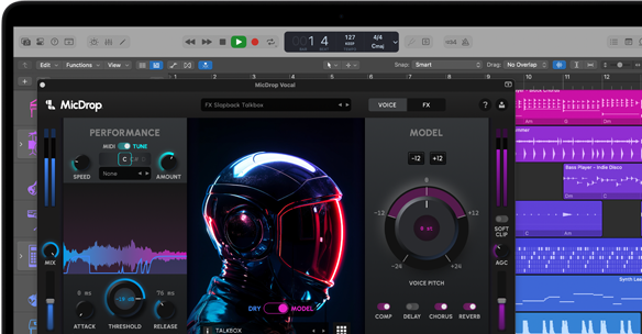 Съдържание на екрана, демонстриращо софтуера MicDrop, използващ функции с AI , за редактиране на вокален запис на MacBook Pro