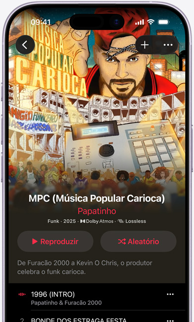 Tela do iPhone mostrando o álbum “MPC” de Papatinho no Apple Music