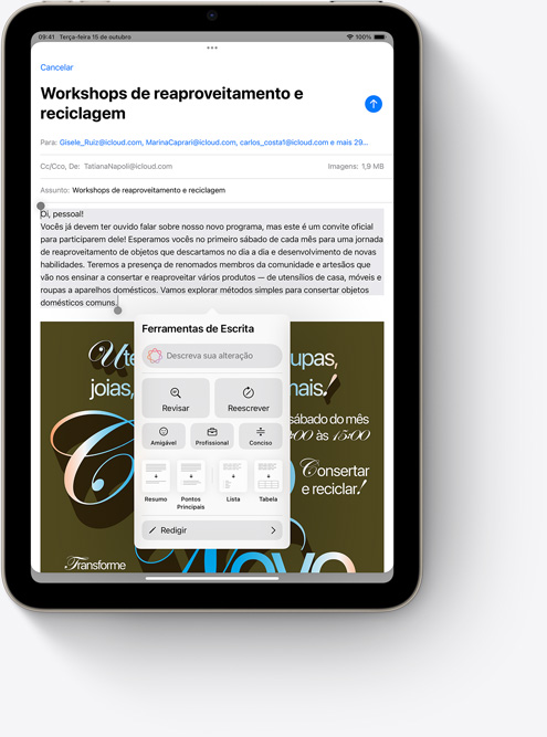 Um iPad mini mostrando as Ferramentas de Escrita no Mail, um novo recurso da Apple Intelligence.