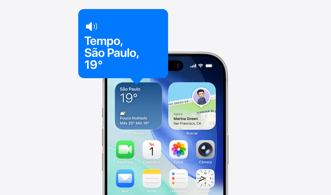 Tela de Início do iPhone com o ícone do widget Tempo sendo lido em voz alta com o VoiceOver