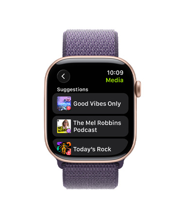 Apple Watch Series 11, rose gold colour, aluminum case, Apple Music, music and podcast suggestions, right side exterior, Digital Crown, band, purple fog Sport Loop