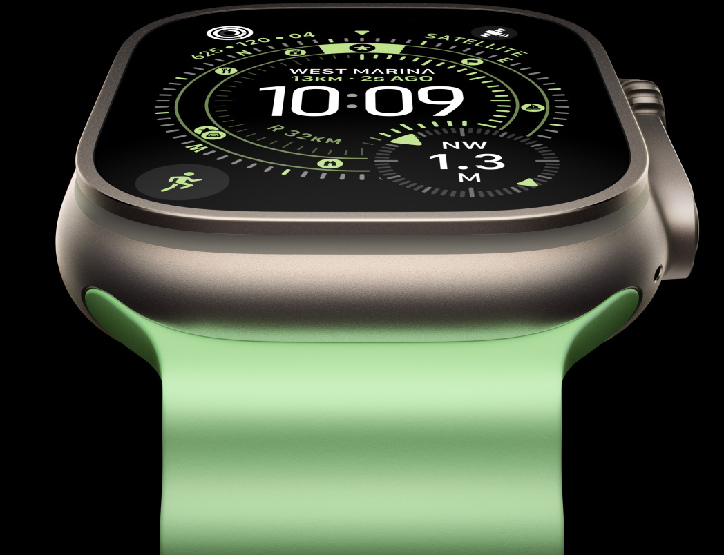 Apple Watch Ultra 3, titanium case, natural colour, compass on Orienteering watch face, Ocean Band, neon green colour