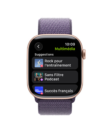 Apple Watch Series 11, or rose, boîtier en aluminium, Apple Music, suggestions de musique et de balados, côté droit extérieur, Digital Crown, bracelet, sport à rabat brume violette