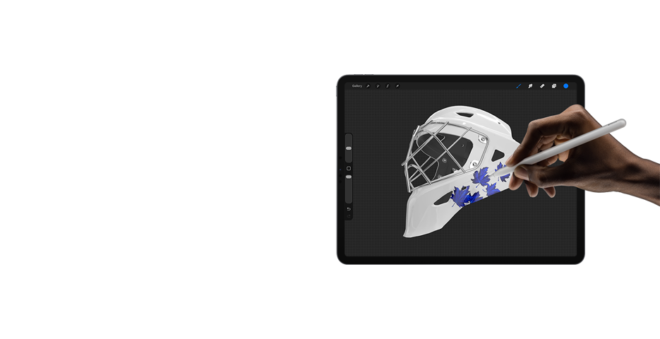 An iPad with a blank white goalie mask on the screen, ready to be designed.