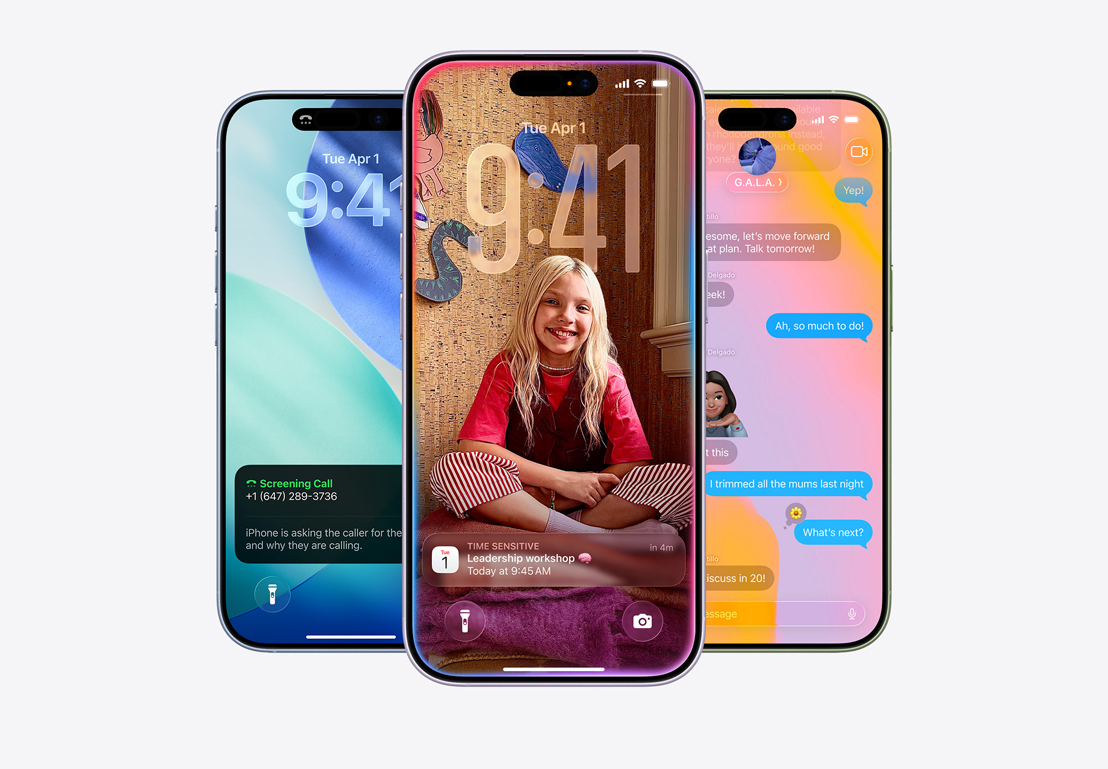 iPhone 17 devices, front exterior, finishes: mist blue, lavender, sage, iOS 26 features — Home Screen with various apps displayed, Calendar pop-up on personalized Lock Screen, iPhone screen showing Messages with Liquid Glass design