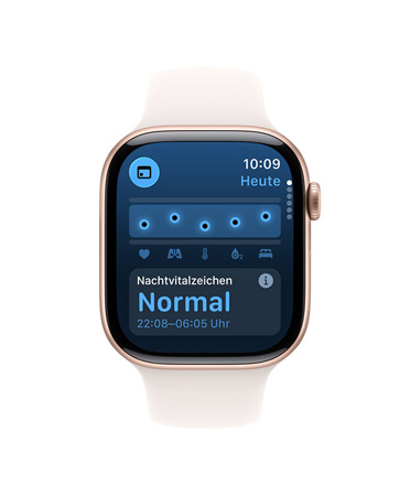 Apple Watch Series 11, Aluminiumgehäuse, Farbe Roségold, Vitalzeichen App, Diagramm mit Gesundheitsbewertung, typische Mitteilung zu im Schlaf erfassten Vitalzeichen, rechte Seitenansicht: Digital Crown, Sportarmband Blassrosa