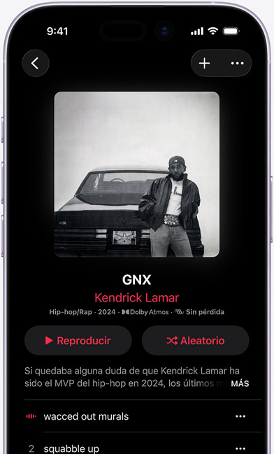 Pantalla de un iPhone que muestra el álbum «GNX» de Kendrick Lamar en Apple Music
