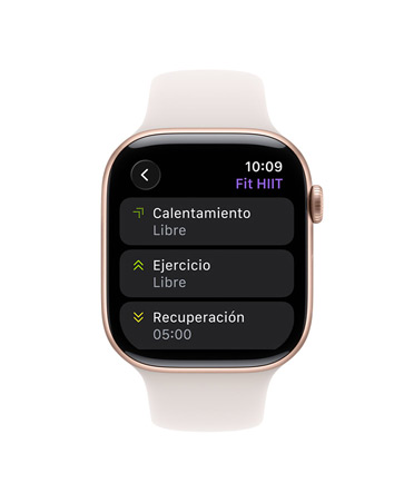 Apple Watch Series 11, caja de titanio, color oro, app Entreno, opciones de Entreno Personalizado, correa deportiva color rosa rubor