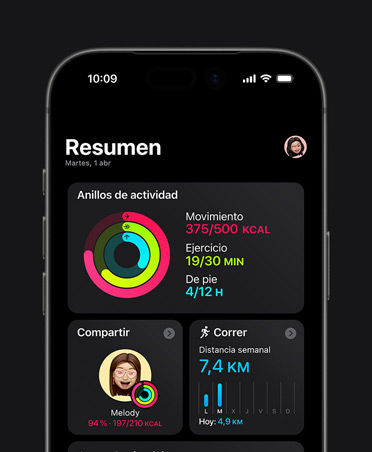 iPhone 17, resumen de la app Fitness, anillos de Actividad, datos de Movimiento, Ejercicio y De Pie, actividad compartida, estadísticas de distancias semanales, Carga de Ejercicio