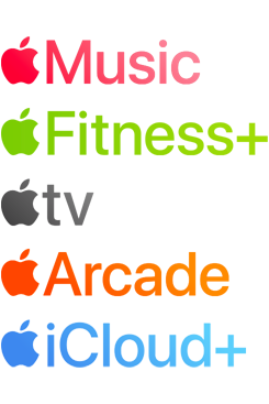 Logotypes des services Apple par abonnement, notamment Apple Music, Fitness+, Apple TV, Apple Arcade, iCloud+