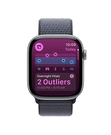Apple Watch Series 11, Farbe Space Grau, Aluminiumgehäuse, Vitalzeichen App, Diagramm mit Gesundheitsindex, Mitteilung über Abweichungen bei im Schlaf erfassten Vitalzeichen, rechte Seitenansicht, Digital Crown, Sport Loop, Farbe Dunkelgrau