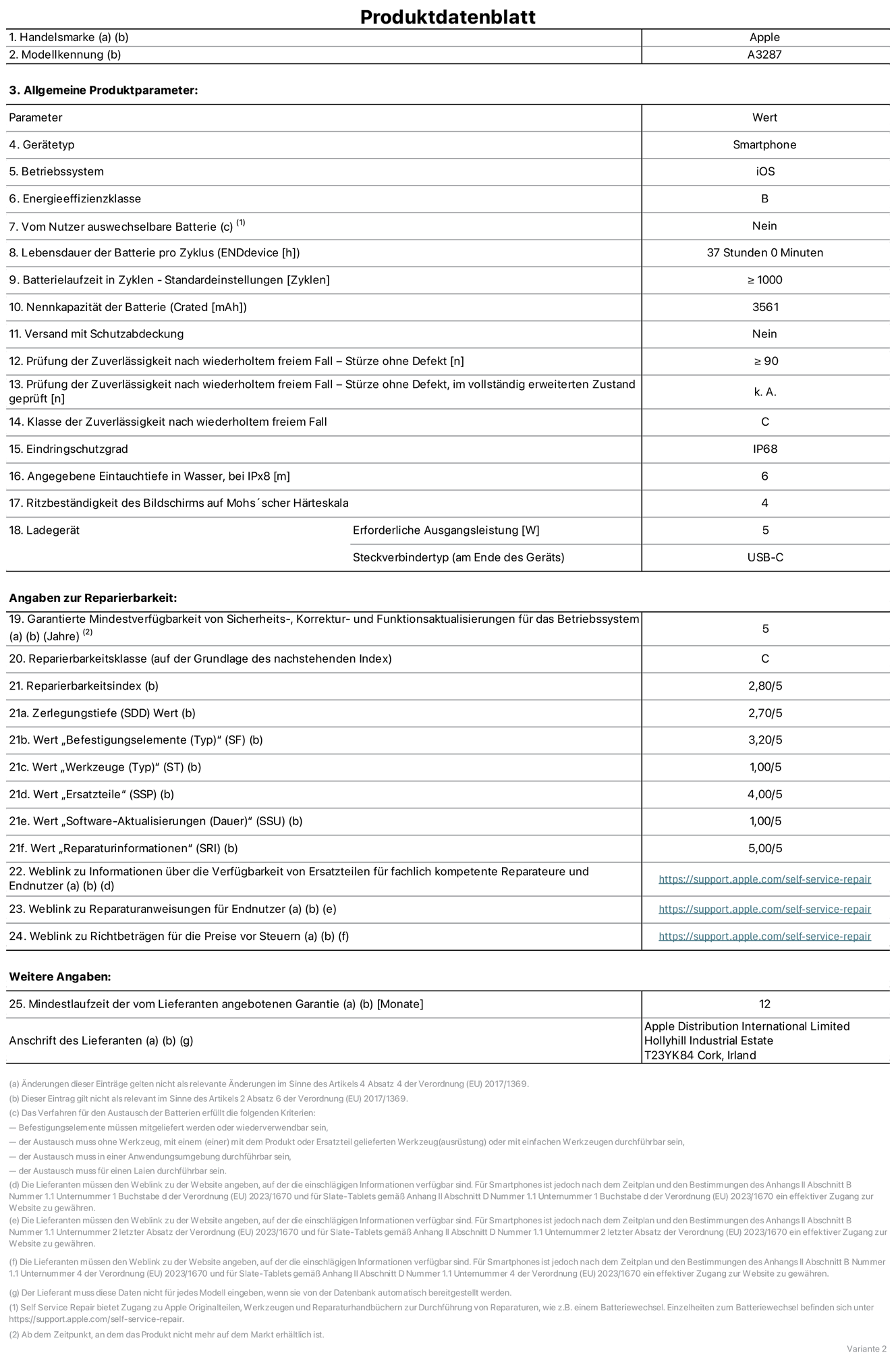Produktinformationsblatt für iPhone 16, Modell A3287. Bereitgestellt von Apple Distribution International Limited, Hollyhill Industrial Estate. Cork, Irland T23 YK84. Gerätetyp: Smartphone. Betriebssystem: iOS. Energieeffizienzklasse: B. Vom Benutzer auswechselbare Batterie: nein. Batterielaufzeit pro Zyklus: 37 Stunden. Batterielaufzeit in Zyklen – Standardeinstellungen: ≥ 1000. Nennkapazität der Batterie: 3561 mAh. Versand mit Schutzabdeckung: nein. Prüfung der Zuverlässigkeit nach wiederholtem freiem Fall – Stürze ohne Defekt: ≥ 90. Prüfung der Zuverlässigkeit nach wiederholtem freiem Fall – Stürze ohne Defekt, im vollständig erweiterten Zustand geprüft: nicht zutreffend. Klasse der Zuverlässigkeit nach wiederholtem freiem Fall: C. Eindringschutzgrad: IP68. Angegebene Eintauchtiefe in Wasser, bei iPx8: 6 m. Ritzbeständigkeit des Displays auf Mohs’scher Härteskala: 4. Erforderliche Ausgangsleistung des Ladegeräts: 5W. Anschluss Ladegerät (am Ende des Geräts): USB‑C. Garantierte Mindestverfügbarkeit von Sicherheits‑, Korrektur‑ und Funktionsaktualisierungen für das Betriebssystem: 5 Jahre. Reparierbarkeitsklasse: C. Reparierbarkeitsindex: 2,80/5. Zerlegungstiefe (SDD) Wert: 2,70/5. Wert „Befestigungselemente“: 3,20/5. Wert „Werkzeuge“: 1,00/5. Wert „Ersatzteile“: 4,00/5. Wert „Software-Aktualisierungen“: 1,00/5. Wert „Reparaturinformationen“: 5,00/5. Weblink zu Informationen über die Verfügbarkeit von Ersatzteilen für fachlich kompetente Reparateure und Endnutzer: https://support.apple.com/self-service-repair. Weblink zu Reparaturanweisungen für Endnutzer: https://support.apple.com/self-service-repair. Weblink zu Richtbeträgen für die Preise vor Steuern: https://support.apple.com/self-service-repair. 12 Monate angebotene allgemeine Garantie.