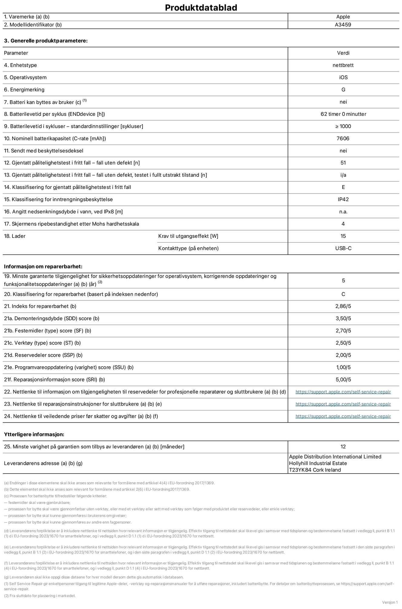 Produktdatablad for 11-tommers iPad Air Wi‑Fi – modell A3459. Levert av Apple Distribution International Limited, Hollyhill Industrial Estate. Cork, Irland, T23 YK84. Enhetstype: nettbrett. Operativsystem: iOS. Energieffektivitetsklasse: G. Batteriet kan byttes av brukeren: nei. Batteriets holdbarhet per ladesyklus: 62 timer. Batteriets holdbarhet i antall ladesykluser – standardinnstillinger: større enn eller lik 1000. Nominell batterikapasitet: 7606 mAh Leveres med beskyttelsesdeksel: nei. Holdbarhetstest ved gjentatte fall – antall fall uten feil: 51. Holdbarhetstest ved gjentatte fall – antall fall uten feil i helt utfoldet tilstand: ikke relevant. Holdbarhetsklasse ved gjentatte fall: E. Kapslingsgrad: IP42. Angitt nedsenkingsdybde i vann ved IPx8: ikke relevant. Skjermens ripefasthet på Mohs skala: 4. Krav til laderens utgangseffekt: 15 watt. Laderens stikkontakt (på enhetssiden): USB‑C. Minstegaranti for tilgang på sikkerhetsoppdateringer, feilrettinger og funksjonsoppdateringer til operativsystemet: 5 år. Reparerbarhetsklasse: C. Reparerbarhetsindeks: 2,86/5. Demontering: 3,50/5. Festeanordninger: 2,70/5. Verktøy: 2,50/5. Reservedeler: 2,00/5. Programvareoppdateringer: 1,00/5. Informasjon om reparasjon: 5,00/5. Lenke til informasjon om tilgjengelighet for reservedeler for profesjonelle reparatører og sluttbrukere: https://support.apple.com/self-service-repair. Lenke til reparasjonsveiledning for sluttbrukere: https://support.apple.com/self-service-repair. Lenke til veiledende priser ekskl. mva: https://support.apple.com/self-service-repair. Produktet omfattes av en 12-måneders generell garanti.