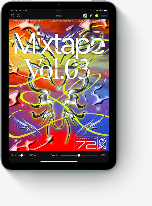 iPad mini shown in portrait view displaying a colorful Adobe Photoshop screen.