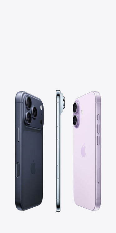 iPhone 17 Pro, back exterior, Pro fusion camera system spanning across the top, iPhone Air, very thin titanium side, iPhone 17, back exterior, Advanced dual-camera system in top left corner