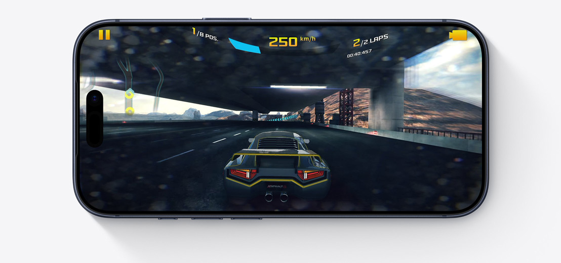 iPhone front exterior, horizontal, screen showing video game being played