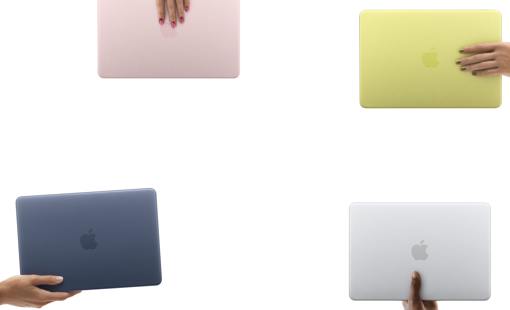 Des portables MacBook Neo dans différentes couleurs, chacun tenu par une personne différente