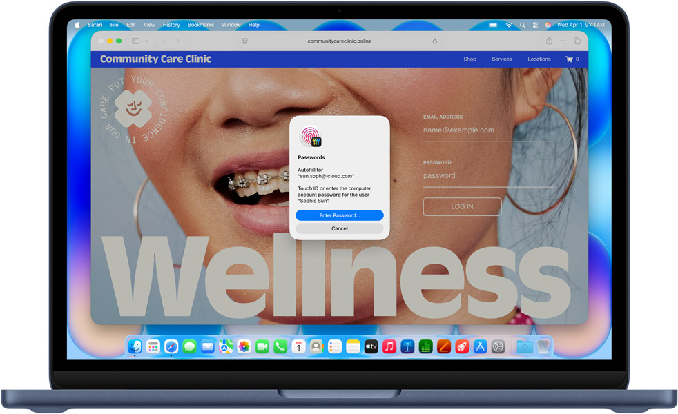MacBook Neo, indigo colour, Safari prompting user to log in using Touch ID or password to website titled Community Care Clinic