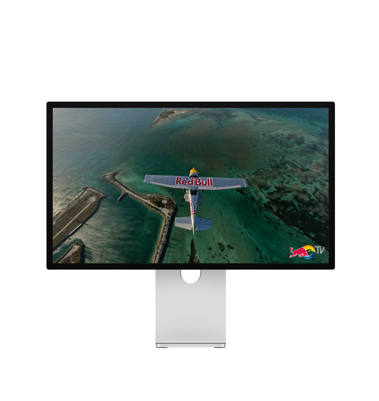 Studio Display XDR surrounded by illustrations of sound waves, scene from Hijack TV show onscreen