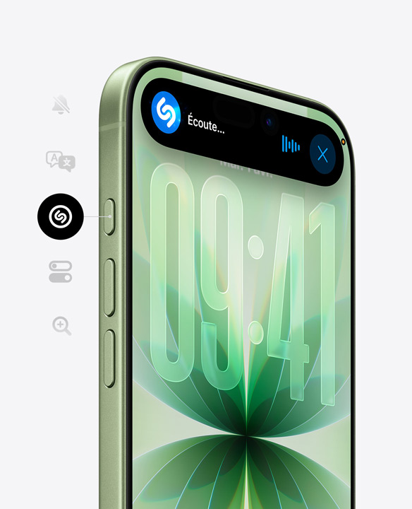 iPhone 17 en finition sauge, face avant avec Ceramic Shield, Dynamic Island montrant Shazam en cours d’utilisation, boutons Action et réglage du volume visibles sur le bord