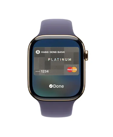 Apple Watch Series 11，金色鈦金屬錶殼，展示 Apple Pay 畫面；右側外觀展示數碼錶冠，配搭霧紫色運動錶帶