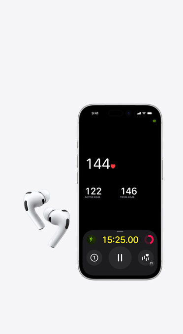 Left and Right wireless headphones next to iPhone with heart rate monitor on screen
