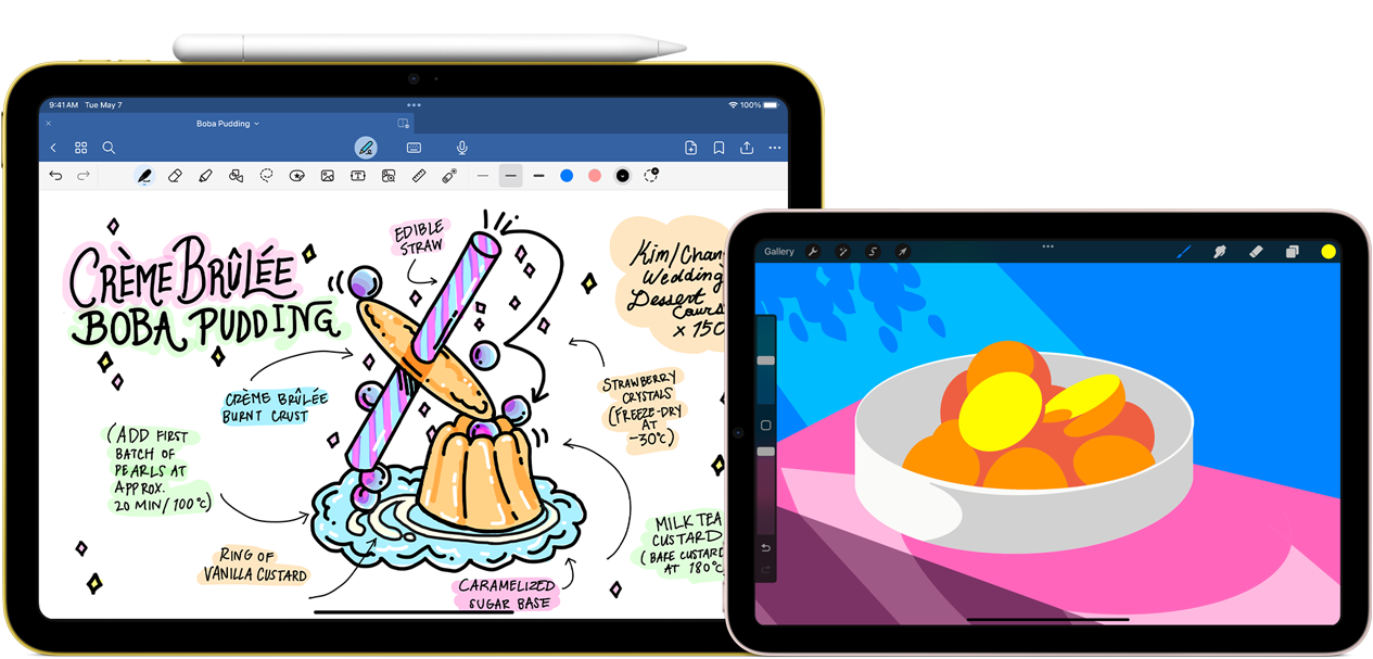 On left, iPad, landscape orientation, displaying a graphic with notes and a drawing with Apple Pencil USB-C attached at top. On right, iPad mini, landscape orientation showing a colorful illustration made with ProCreate.
