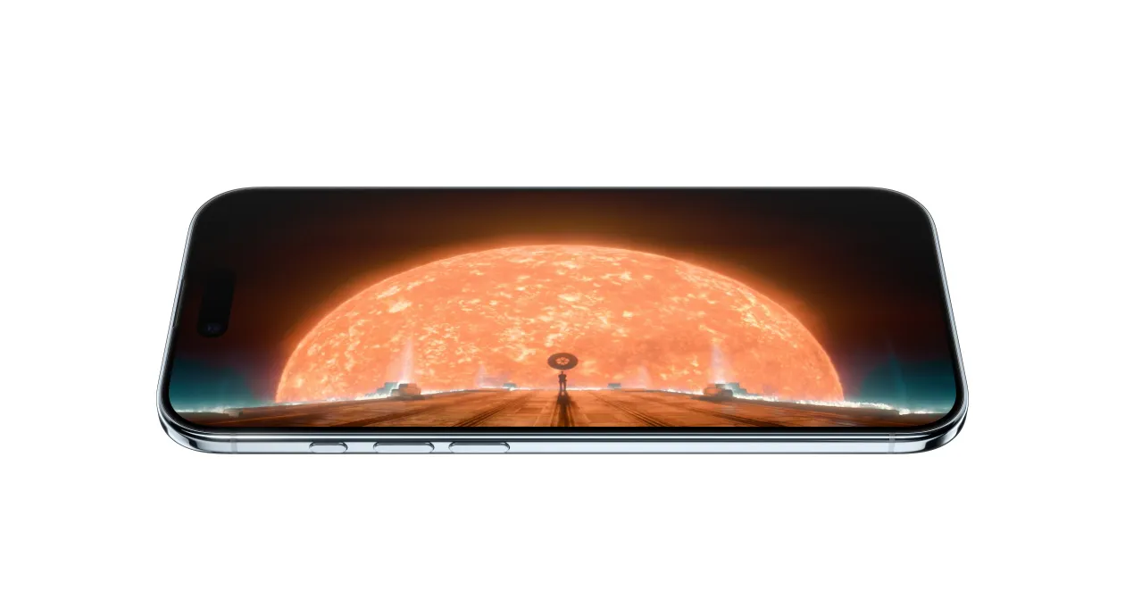 iPhone Air, front exterior, side exterior, showing static of scene from Apple TV+ series Foundation