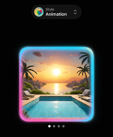 Image Playground screen with an illustration of a sunset by a pool with palm trees, showing options for custom image styles, such as animation.