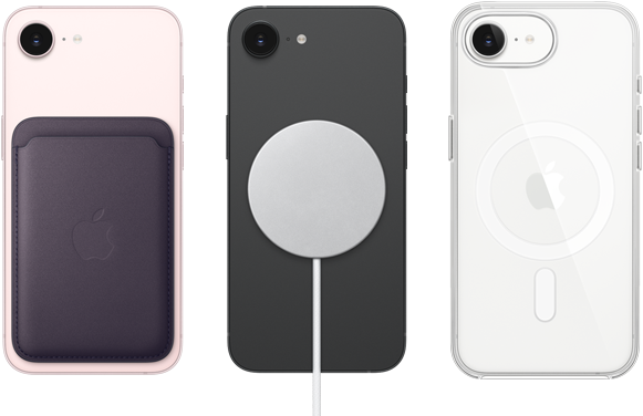 iPhone 17e, stražnja strana, blijedo ružičasta boja, pričvršćen novčanik FineWoven s tehnologijom MagSafe, iPhone 17e, stražnja strana, crna boja, pričvršćen MagSafe punjač, iPhone 17e, stražnja strana, bijela boja, prozirna maska i pričvršćen MagSafe