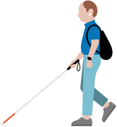 Seseorang dengan gangguan penglihatan sedang mengenakan AirPods dan berjalan dengan anjing pemandu