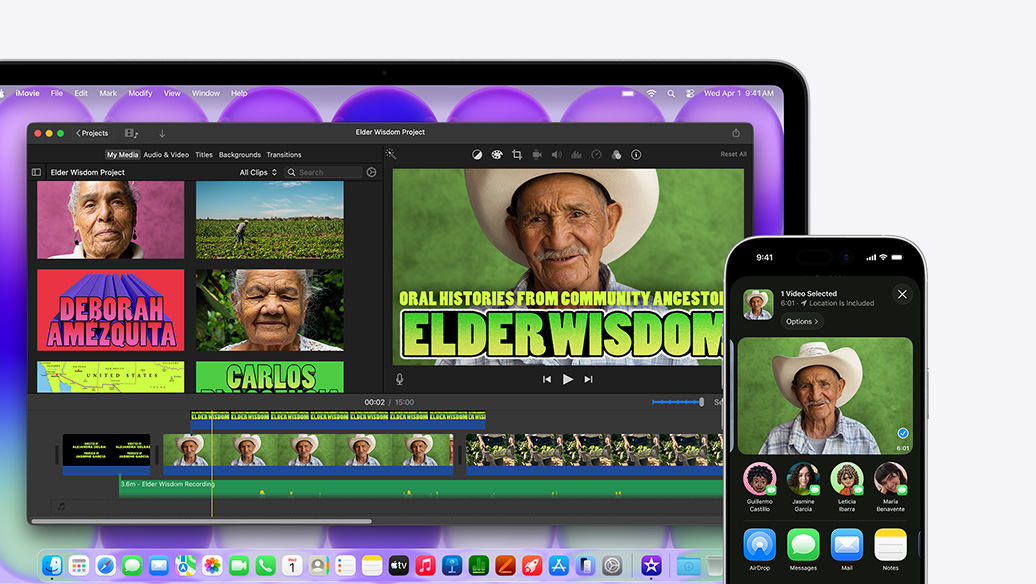 MacBook Neo, warna silver, menampilkan jendela iMovie berjudul Elder Wisdom Project, di samping iPhone yang menampilkan video salah satu orang yang digambarkan dalam jendela iMovie, di bawah video terdapat daftar opsi berbagi, termasuk AirDrop