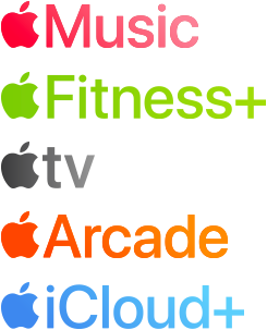 A list of Apple services: Apple Music, Apple Fitness Plus, Apple TV, Apple News Plus, Apple Arcade, and Apple iCloud Plus