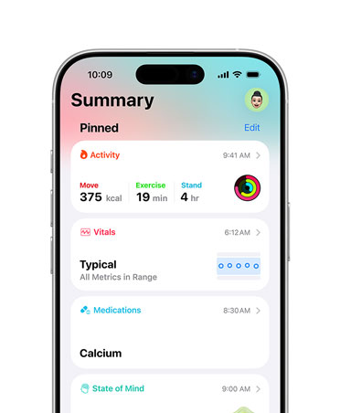 Pinned health summary on iPhone