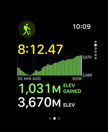 Hiking workout card, metrics: time, elevation