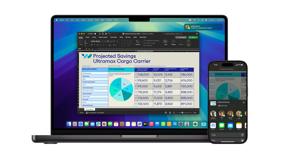 Una Mac y un iPhone con un documento Excel en pantalla.