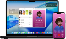 „MacBook Pro“ ir „iPhone 16 Plus“, atidaryta programa „Telefonas“, abiejuose ekranuose rodomas tas pats kontaktas