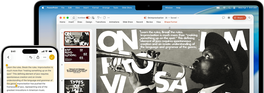 iPhone 16 Plus, kurā Notes aplikācijā ir izcelts teksts, MacBook Air ar atvērtu Keynote slaidu, teksts no Notes aplikācijas ir redzams slaidā