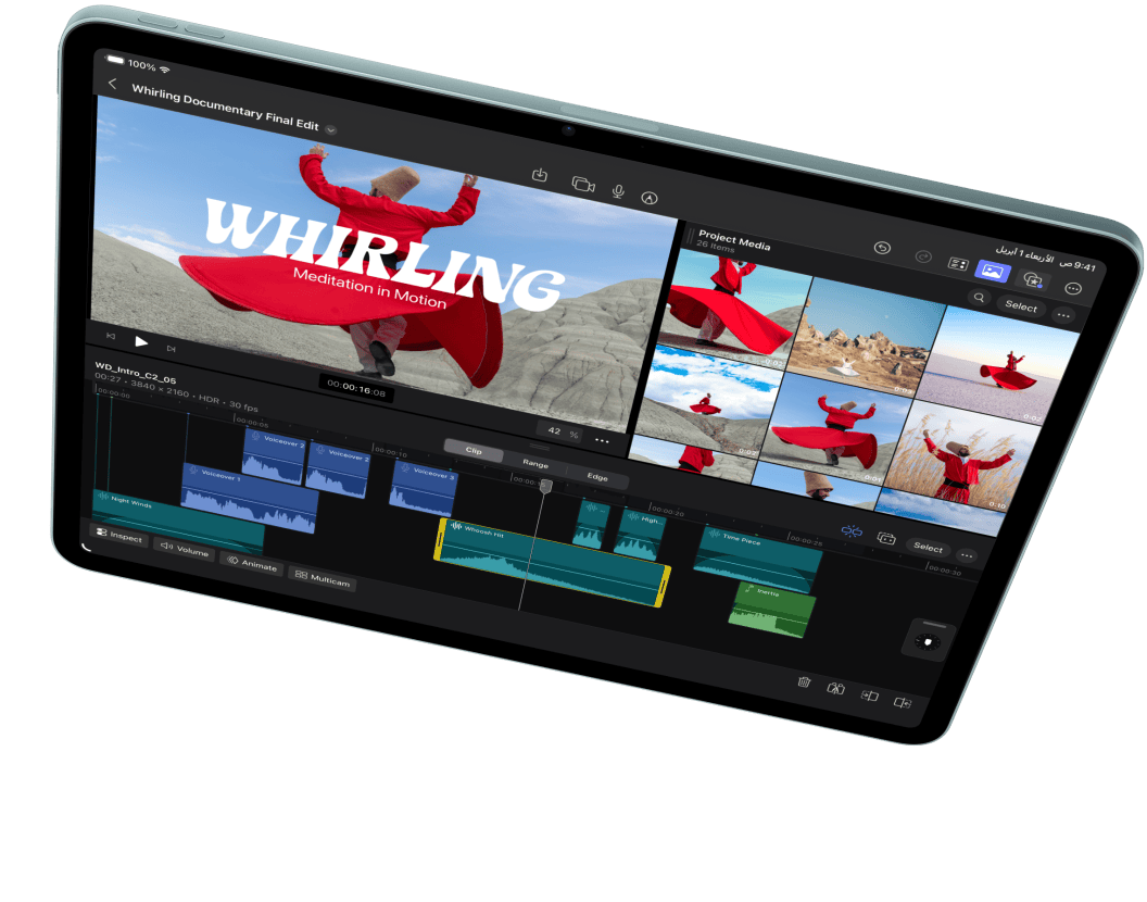 جهاز iPad Air في الوضع الأفقي، يعرض تعديل الفيديوهات في Final Cut Pro