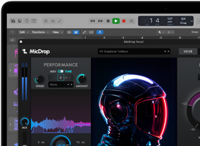 Screen content demonstrating MicDrop software using AI features to edit a vocal recording on a MacBook Pro