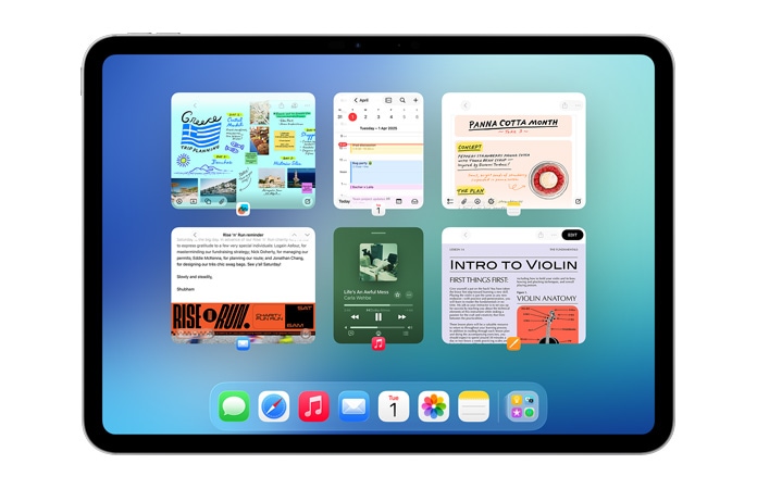 iPad, landscape orientation, screen shows six windows open in two rows, including Calendar app, Notes app, Apple Music, and Safari