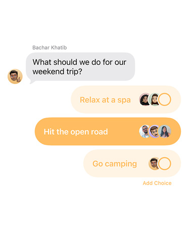 Close up of new polls feature in Messages with people in the group chat voting for where to take a weekend trip