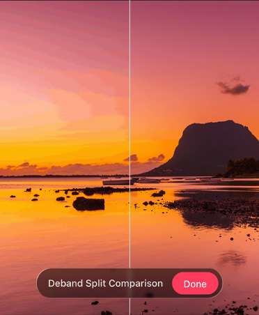 Image of sunset at beach, bottom of photo shows color debanding tool