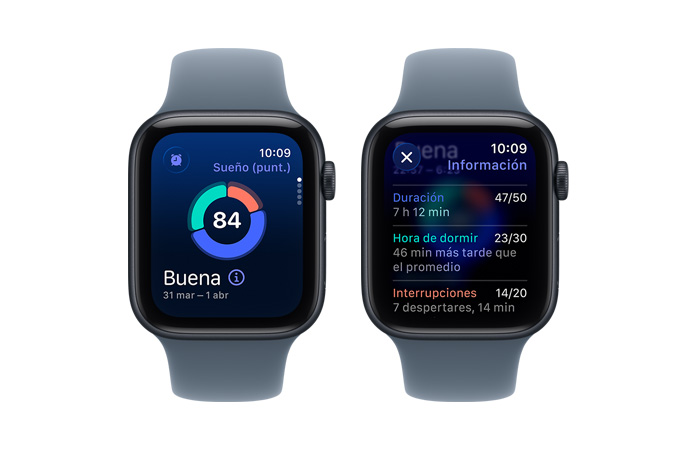 Apple Watch SE 3, Puntuación de Sueño, gráfica circular y puntaje, fases del sueño analiza las fases de vigilia, REM, sueño ligero y sueño profundo
