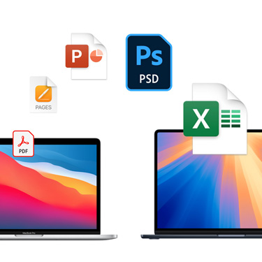 Vista frontal de dos MacBook, una al lado de la otra, con diferentes fondos de escritorio coloridos. Se muestran unos íconos de archivos en forma de arco sobre las MacBook. Estos incluyen un archivo de Acrobat, uno de Pages, uno de PowerPoint, uno de Photoshop y uno de Excel.