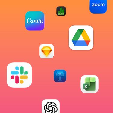Íconos de apps de productividad como Slack, Canva, Google Workspace, Zoom, Konfío, Keynote, Excel, Clara y Numbers sobre un fondo colorido.